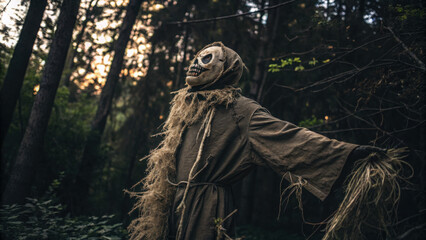 Creepy scarecrow standing in dark forest, surrounded by tall trees and dim light, evokes sense of eeriness and mystery. skeletal face adds to unsettling atmosphere