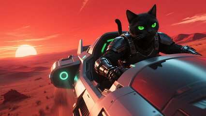 Black cat astronaut piloting futuristic spaceship across red desert planet at sunset, epic sci-fi adventure scene