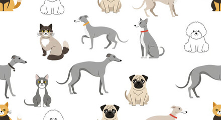 A cute seamless pattern illustration featuring a variety of pet cat and dog breeds, including Greyhound, Jack Russell Terrier, and a fluffy Persian cat, on a neutral background. 