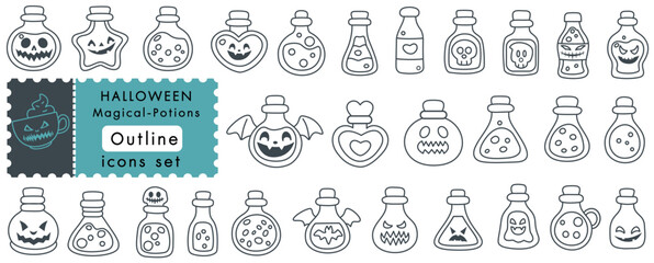 Halloween magical potions outline icons set with spooky bottles and jars featuring pumpkin and bat designs for magical festive celebration