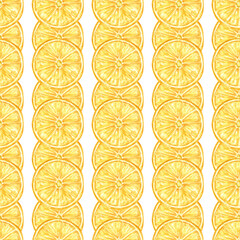Seamless watercolor pattern with lemon slices, round halves of juicy fruit, and a vertical ornament. Watercolor texture, lemon juice. Background for summer textiles, banners, and sales.