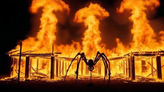 A giant, monstrous spider stands silhouetted against a burning house engulfed in roaring flames, creating a scene of intense horror and destruction
