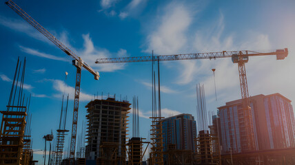 Fototapeta premium Towering construction cranes rise above unfinished buildings against a bright blue sky with wispy clouds, symbolizing urban development and progress.