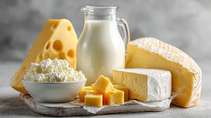 Clean commercial dairy flatlay: milk, yogurt, cheese and butter on white background with minimal styling
