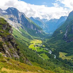 Naklejka premium Mountain valley view, lush green, winding river