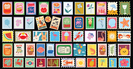 Summer holiday collection of colorful illustrated postage stamps vector