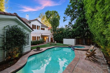 Storybook Traditional with Lush Backyard, Pool, Spa, and String Lights