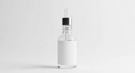 Clear Glass Dropper Bottle with Blank Label on White Background