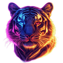 Neon Glowing Tiger Head with Vibrant Electric Blue and Orange Light Effects on Transparent Background