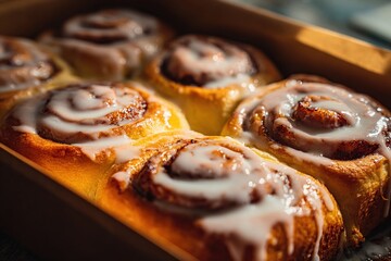 Close-up of fresh, glazed cinnamon rolls arranged neatly in a rectangular pan