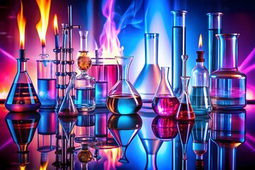 A dynamic laboratory setting with glassware, colorful liquids, and flames, set against a vibrant backdrop
