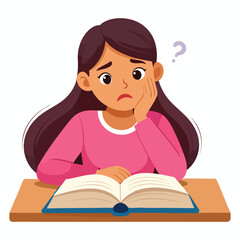 A young woman sits with a book, looking confused and pondering.