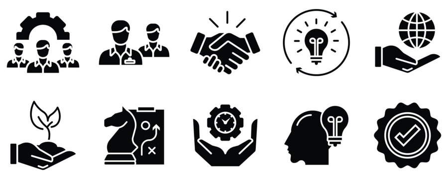 Core Values and Mission Icon Set – Integrity, Vision, Passion, Honesty, Collaboration, and Growth Symbols. vector stock. 

