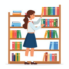 A girl in school uniform is reaching for a book on a tall bookshelf filled with colorful books.