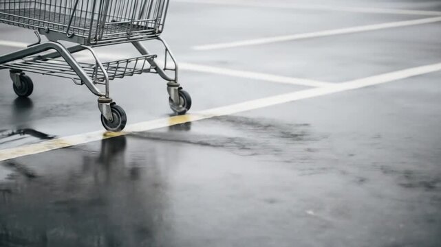 Abandoned Shopping Cart Rolling on Wet Asphalt in Empty Parking Lot on a Rainy Day