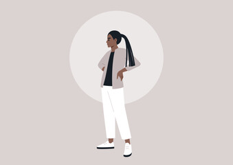 An African female in her youth standing with her hands on her hips, embodying a casual and modern lifestyle of the millennial generation