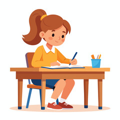 Cartoon girl with ponytail sitting at a desk writing in a book with a pen, studying.
