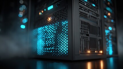 Server rack with glowing blue LEDs and metallic vent details, highlighting minimalist industrial tech focus