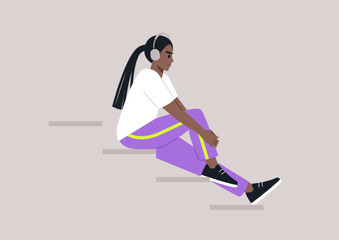 Young African character sitting on the stairs, lost in the music streaming through their earphones