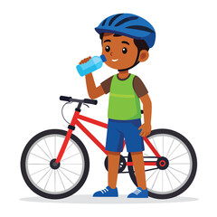 A young boy wearing a helmet drinks water while standing next to his red bicycle.