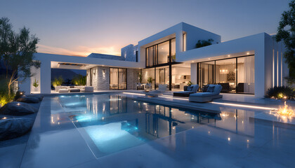 Modern luxury villa exterior at dusk. Contemporary design features large windows, pool. Smart home, automated buildings concept, real estate, property management. Eco-friendly, sustainable living.