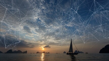 Serene seascape featuring a sailboat under a sunset sky with network overlay