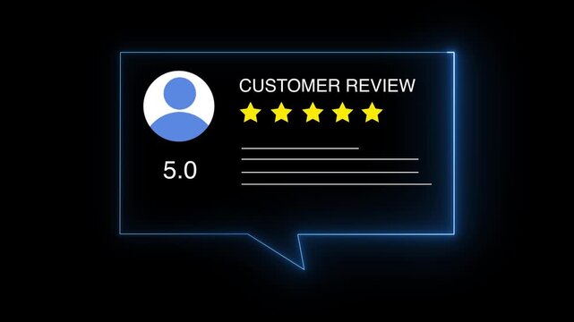 Glowing neon Rating 5 stars icon animation. animation customer review concept, character giving five star feedback on neon rectangle. animated customer satisfaction rating
