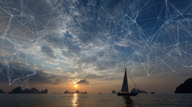 Serene seascape featuring a sailboat under a sunset sky with network overlay