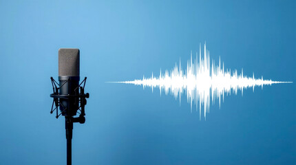 Microphone with waveform on blue background, broadcasting or podcasting banner. professional studio condenser microphone is positioned on the left side of a monochromatic blue background
