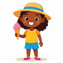 Smiling young girl wearing a straw hat and holding an ice cream cone.