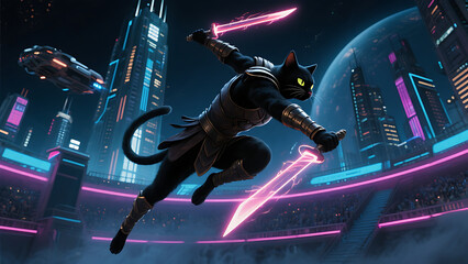 Black cat warrior wielding glowing pink swords leaps through futuristic cityscape arena, vibrant neon lights, sci-fi fantasy concept art