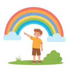 A young boy stands on a grassy field, pointing towards a colorful rainbow arching across the sky with fluffy clouds.