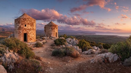 Fototapeta premium Coastal panorama at dusk with two weathered stone windmills atop a hill