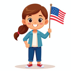 Happy girl proudly holds an American flag, celebrating patriotism.