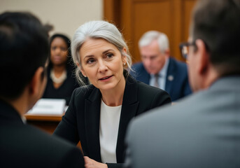 A mature businesswoman with gray hair leads a serious discussion during a corporate or political meeting. She is seated at a table with a diverse group of colleagues in a formal boardroom setting.