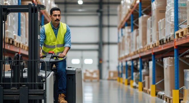 Safetyconscious laborer managing warehouse logistics with powered lift truck.