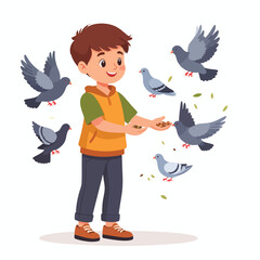 A young boy smiles while feeding several pigeons with seeds.