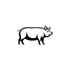 A black and white illustration of a pig standing in profile.