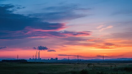 Majestic sunset over a field with silhouettes of an industrial complex and power lines