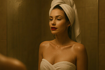 Fototapeta premium Self-Reflection in the Mirror: A young woman, wrapped in a towel, gazes at her reflection with a thoughtful expression, illuminated by soft lighting in a bathroom, showcasing the raw.