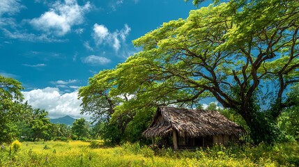 natural hut with tamarind trees and vibrant nature landscape peaceful vibe