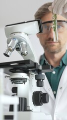 Researching scientist wearing protective gear analyzing green plant specimen under microscope in...