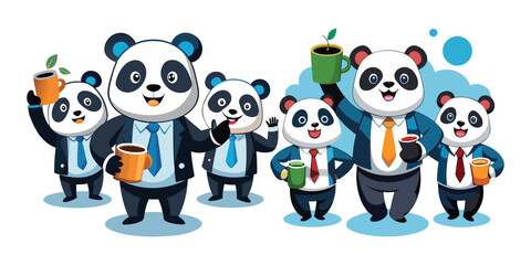 Corporate Panda Team Celebrating Success Clinking Coffee Mugs, Business Collaboration Vector Illustration, Office Unity, Teamwork Motivation, Workplace Celebration, Corporate Culture Design