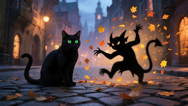 Black cat with glowing green eyes sits on cobblestone street in old town at night, mysterious shadow of devil figure appears behind it amidst falling autumn leaves