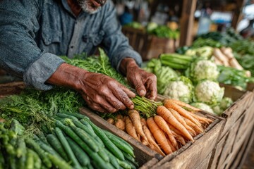 A man at a farmers market is seen cutting carrots and organizing various vegetables for display.