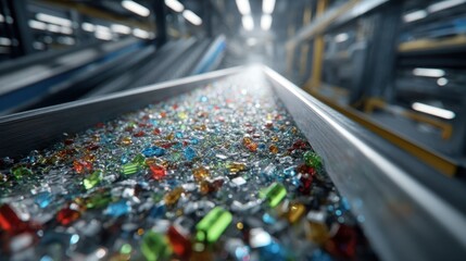 Colorful glass shards are transported on a conveyor belt within a waste sorting facility, undergoing an automated recycling process for sustainable waste management
