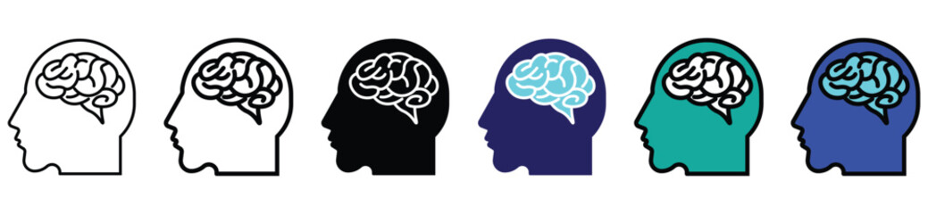 Human Head with Brain Icon Set – Intelligence, Cognitive Thinking, and Psychology Concept in Multiple Styles
