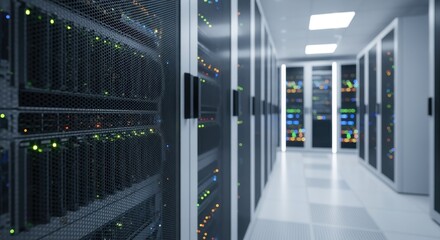 Highresolution image of server components and blinking lights inside a secure network room.