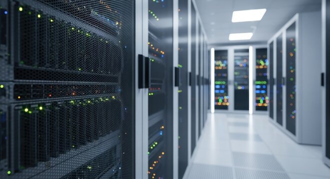 Highresolution image of server components and blinking lights inside a secure network room. - Powered by Adobe