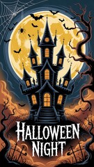 Spooky Halloween Night: Haunted Castle, Bats, Full Moon, Vintage Style Illustration